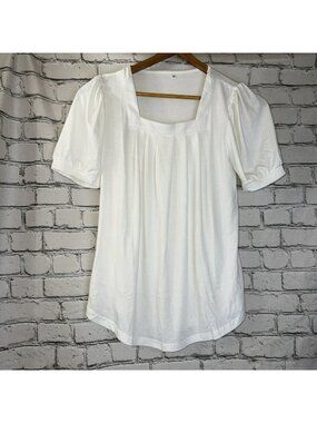 Women's White Peasant Top Blouse Pleated Square Neck Size M Balloon Sleeve Shirt